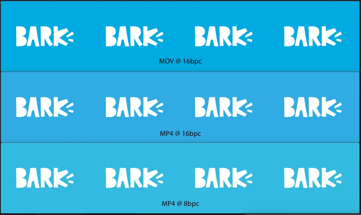 The BARK blue exported as MOV 16-bit, MP4 16-bit and MP4 8-bit, side by side