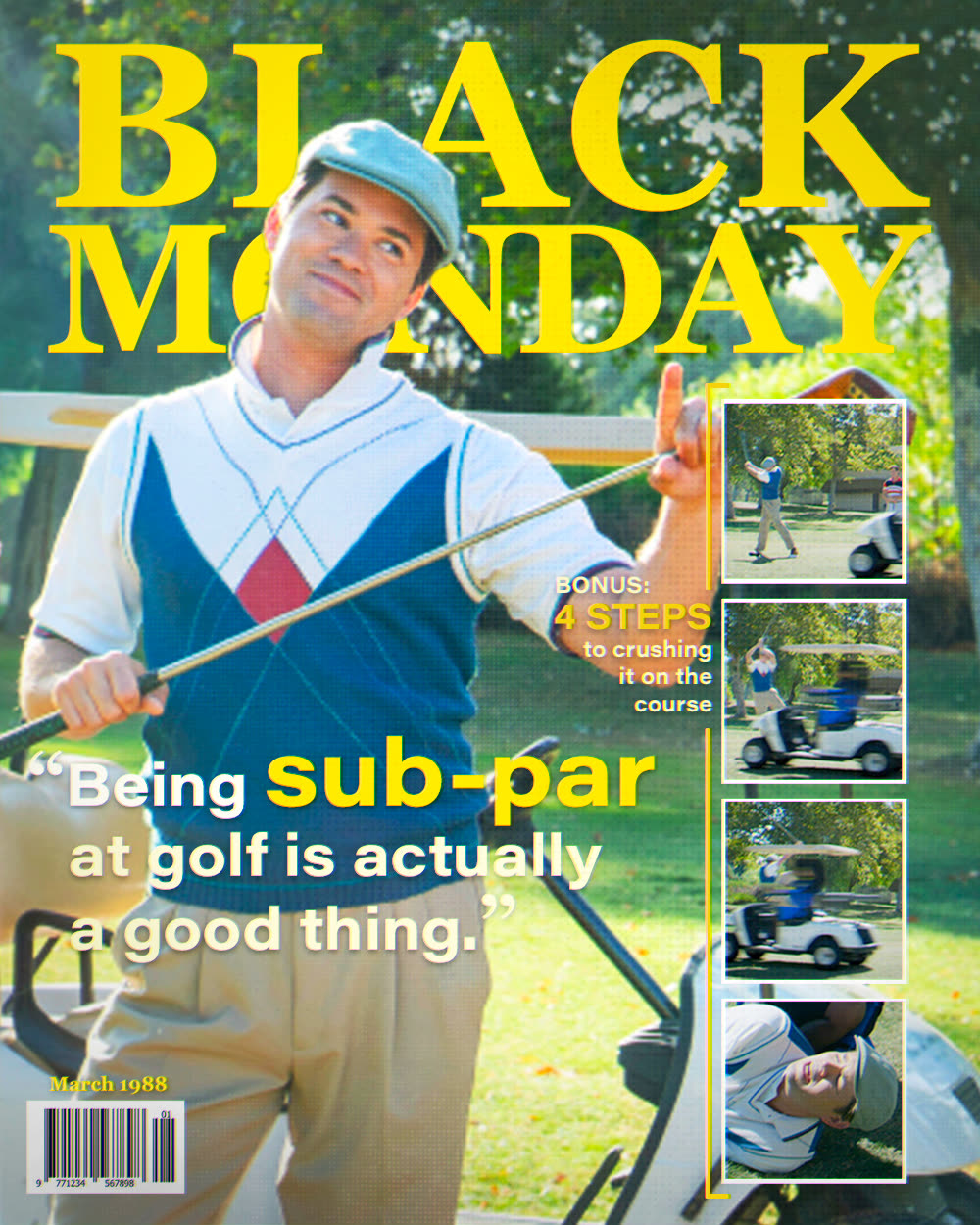 Blair quote card styled as a magazine cover, golf gag