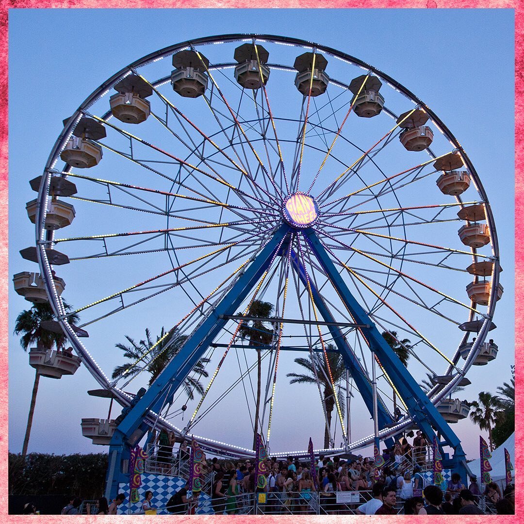 Coachella Ferris wheel at dusk in the documentary's pink frame