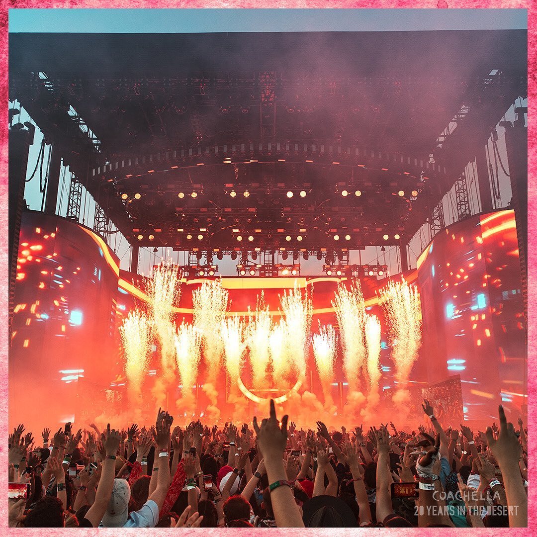 Main stage with fireworks and a crowd in the documentary's pink frame