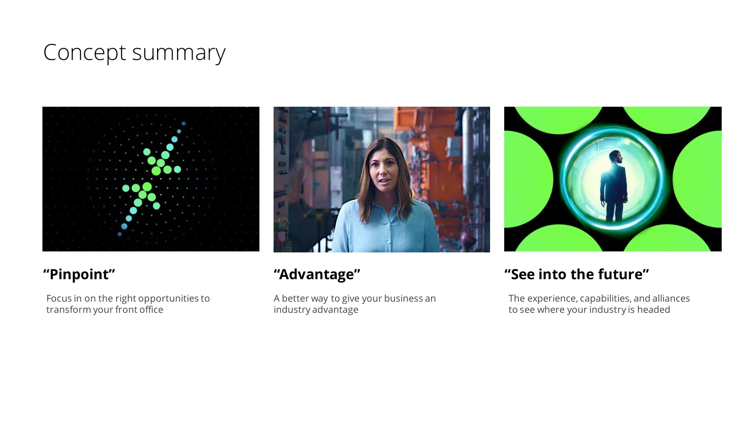 Storyboard deck — concept summary: Pinpoint, Advantage, See into the future
