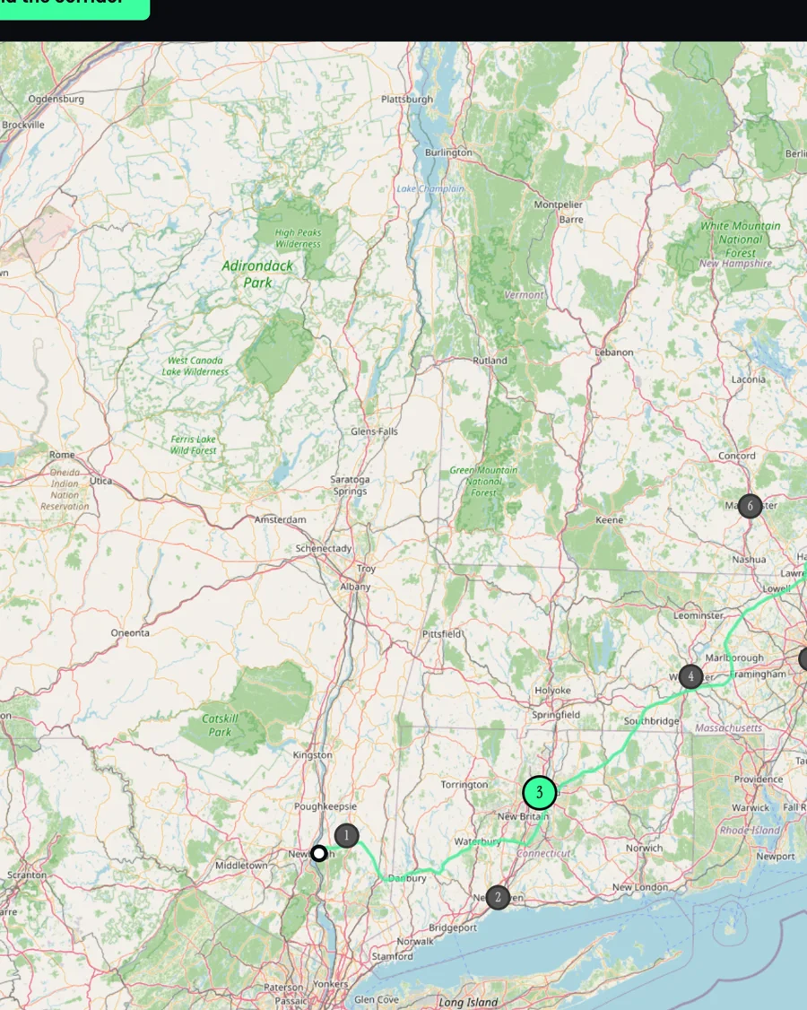 DETOUR corridor map — the 25-mile buffer around the route with numbered stops from Beacon to the Maine coast