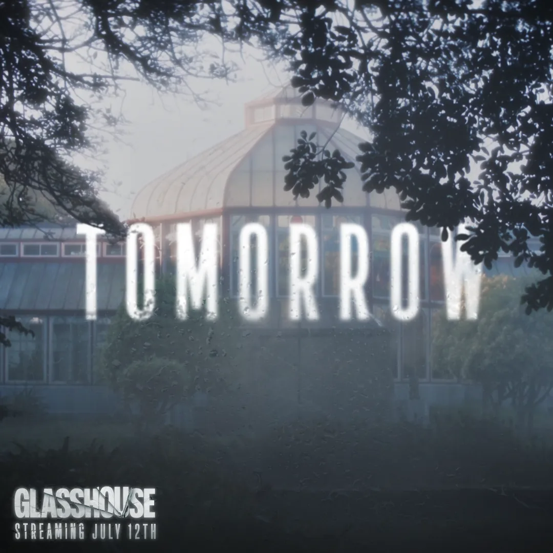 Tomorrow countdown card over the glasshouse through fogged glass