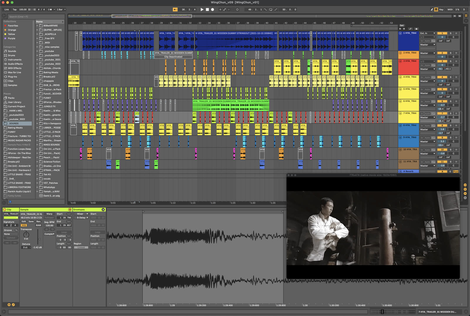 Ableton Live arrangement: eleven colour-coded tracks of hits, strikes and dialogue laid out as a song, with the trailer playing in a video window