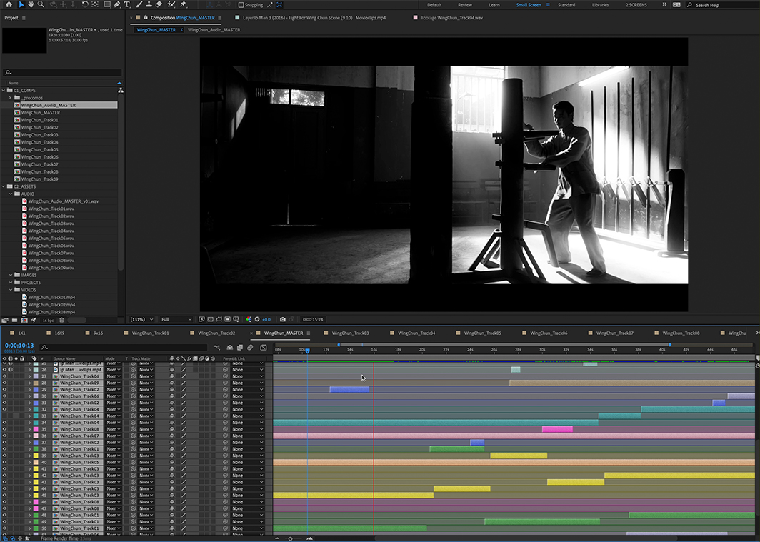 After Effects composition of the trailer's picture edit, with the layered audio tracks in the timeline