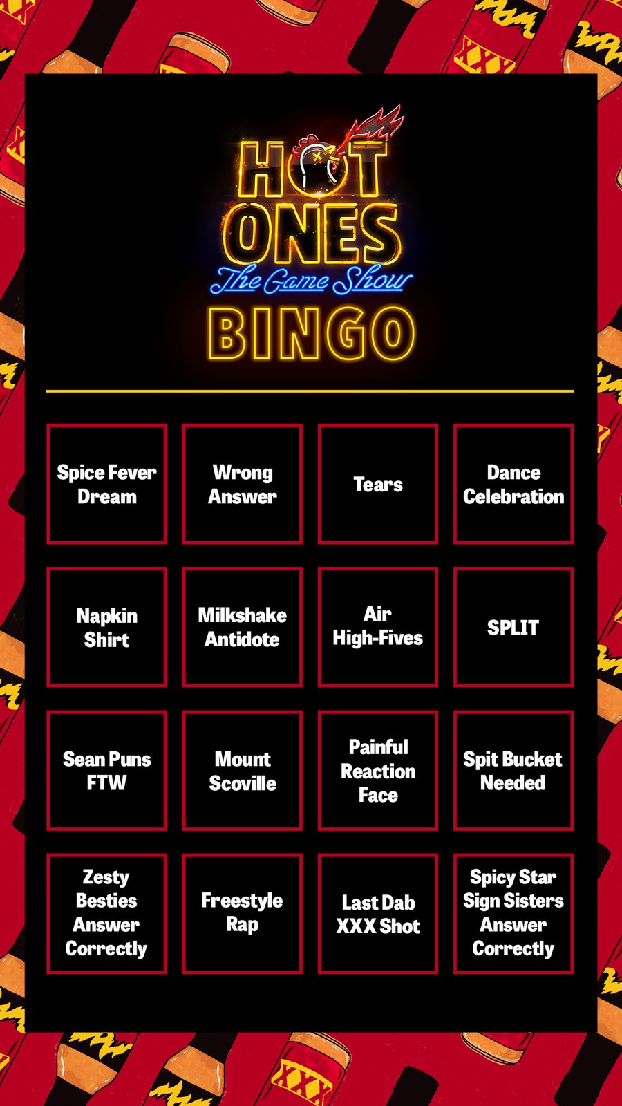 Hot Ones Bingo card with squares like Spice Fever Dream, Tears and Dance Celebration