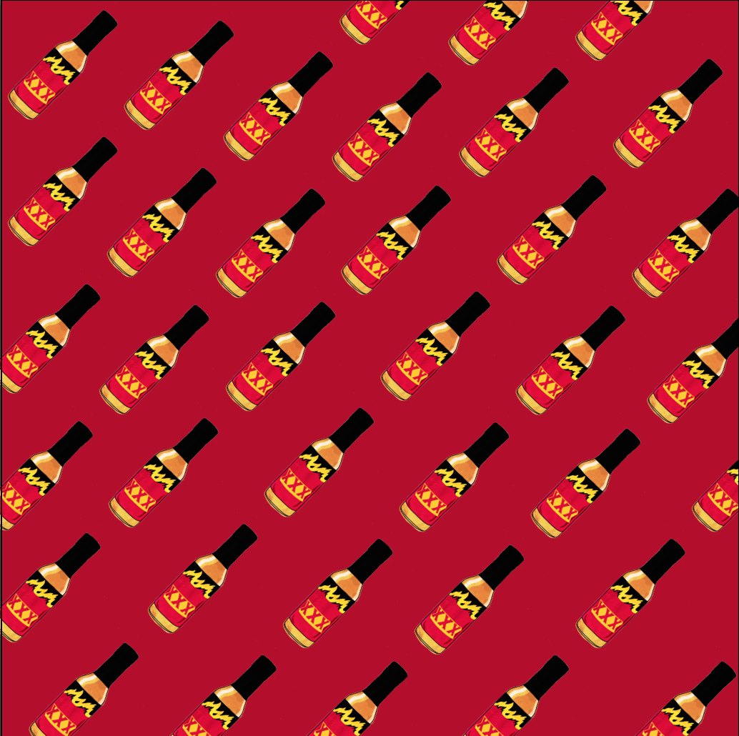 Illustrated hot sauce bottle pattern on red