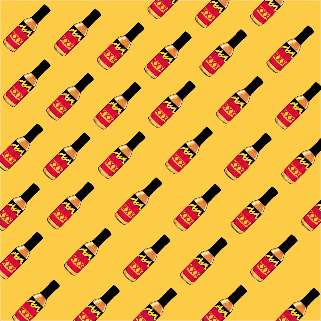 Illustrated hot sauce bottle pattern on yellow