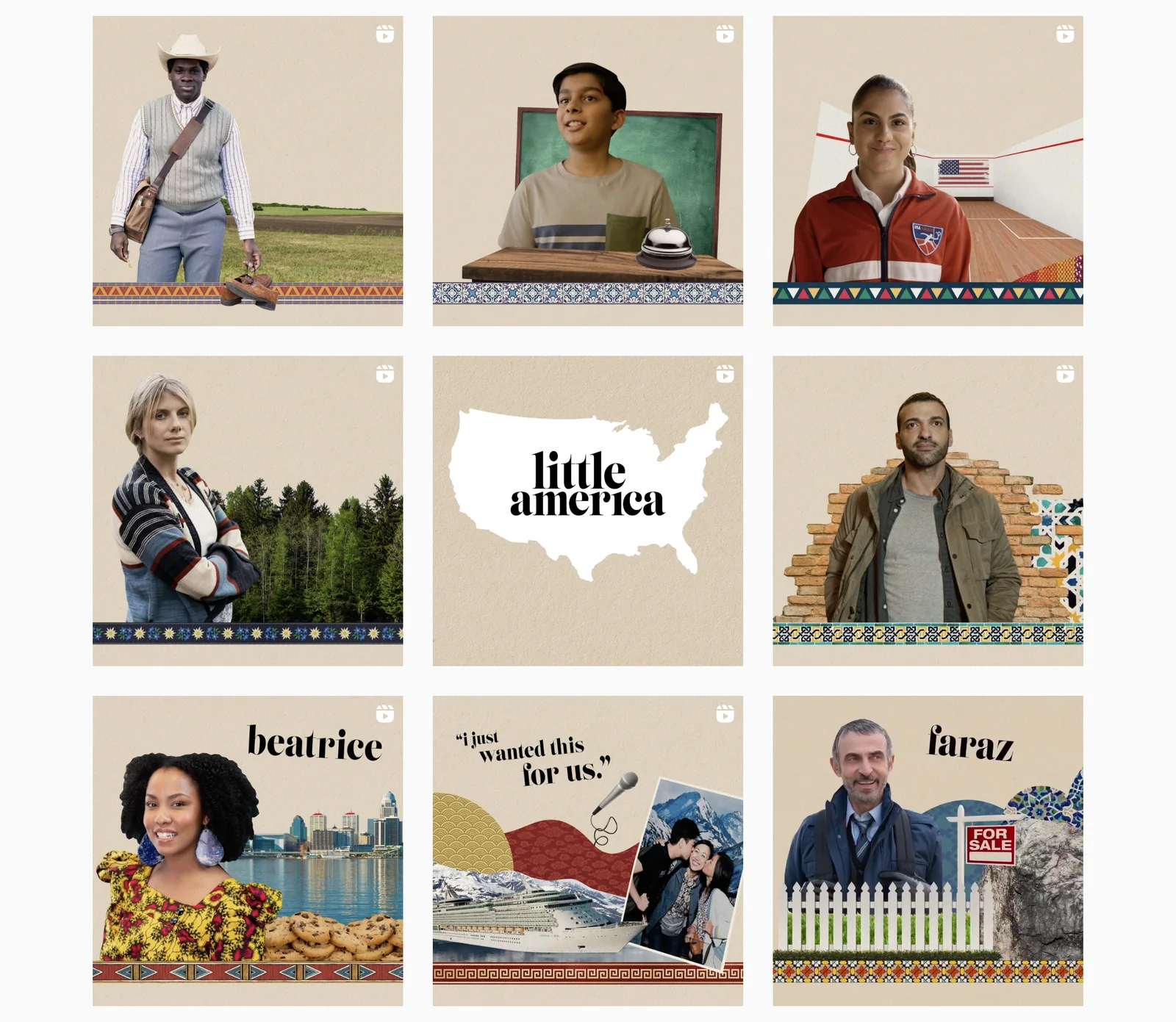 Instagram feed grid of the character collage reels around the Little America logo tile