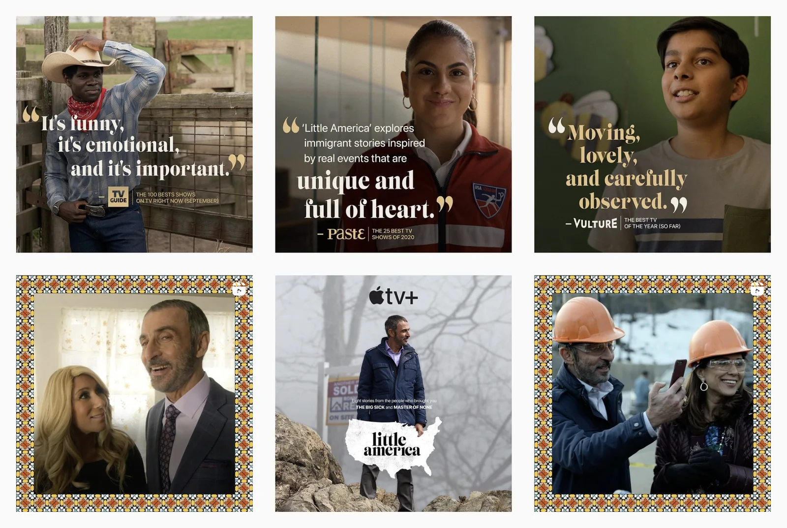 Instagram profile posts: three press-quote cards over stills, two scene lifts in a tiled border and a key-art post