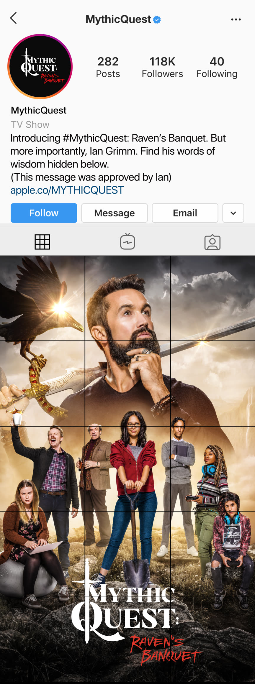 MythicQuest Instagram account grid at launch