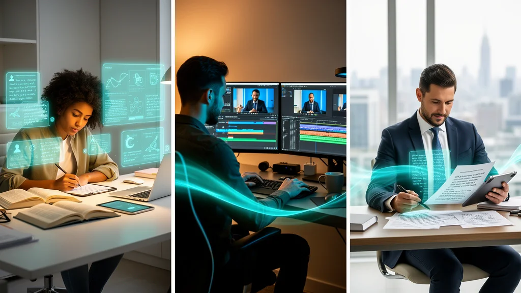 Early reference: three workers at desks, teal light lines running through the frames