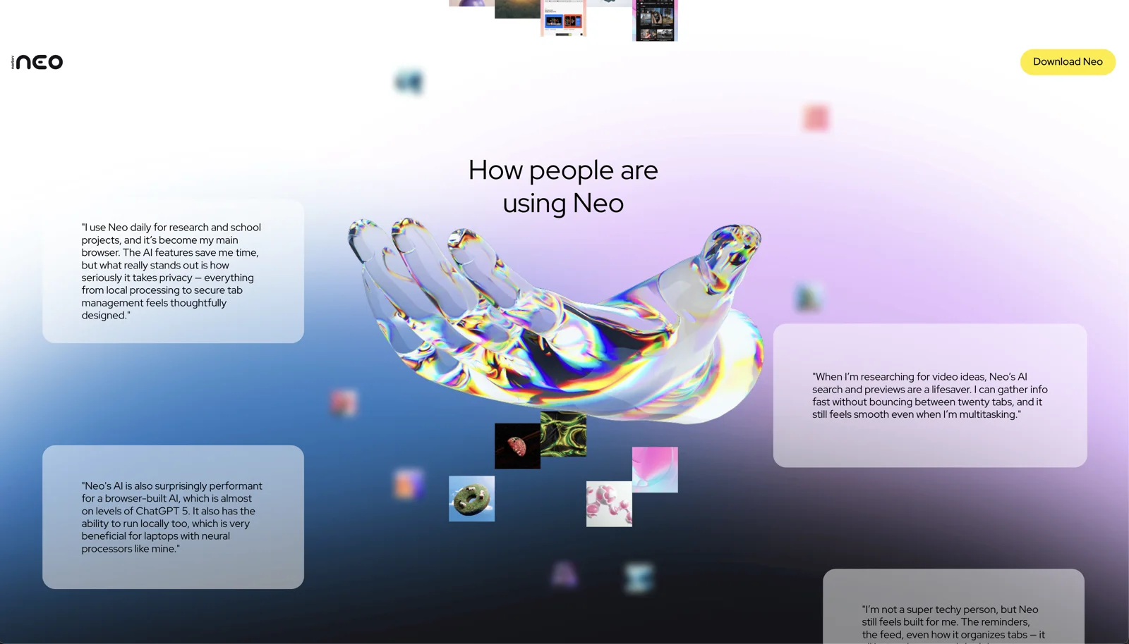 Neo's live site: how people are using Neo, a glass hand among floating cards