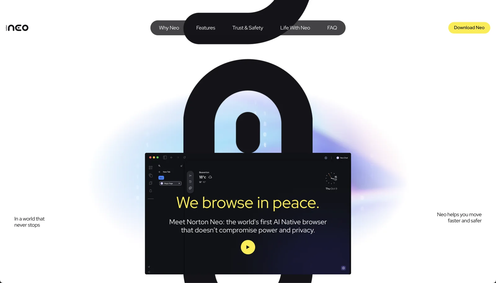 Neo's live site: We browse in peace, a keyhole over a dark UI card