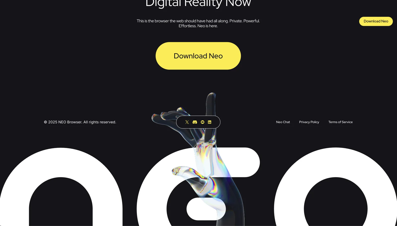 Neo's live site footer: the giant Neo wordmark and Download Neo button
