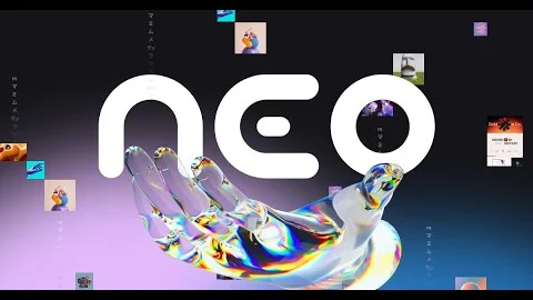 The Neo wordmark over a glass hand and floating UI cards