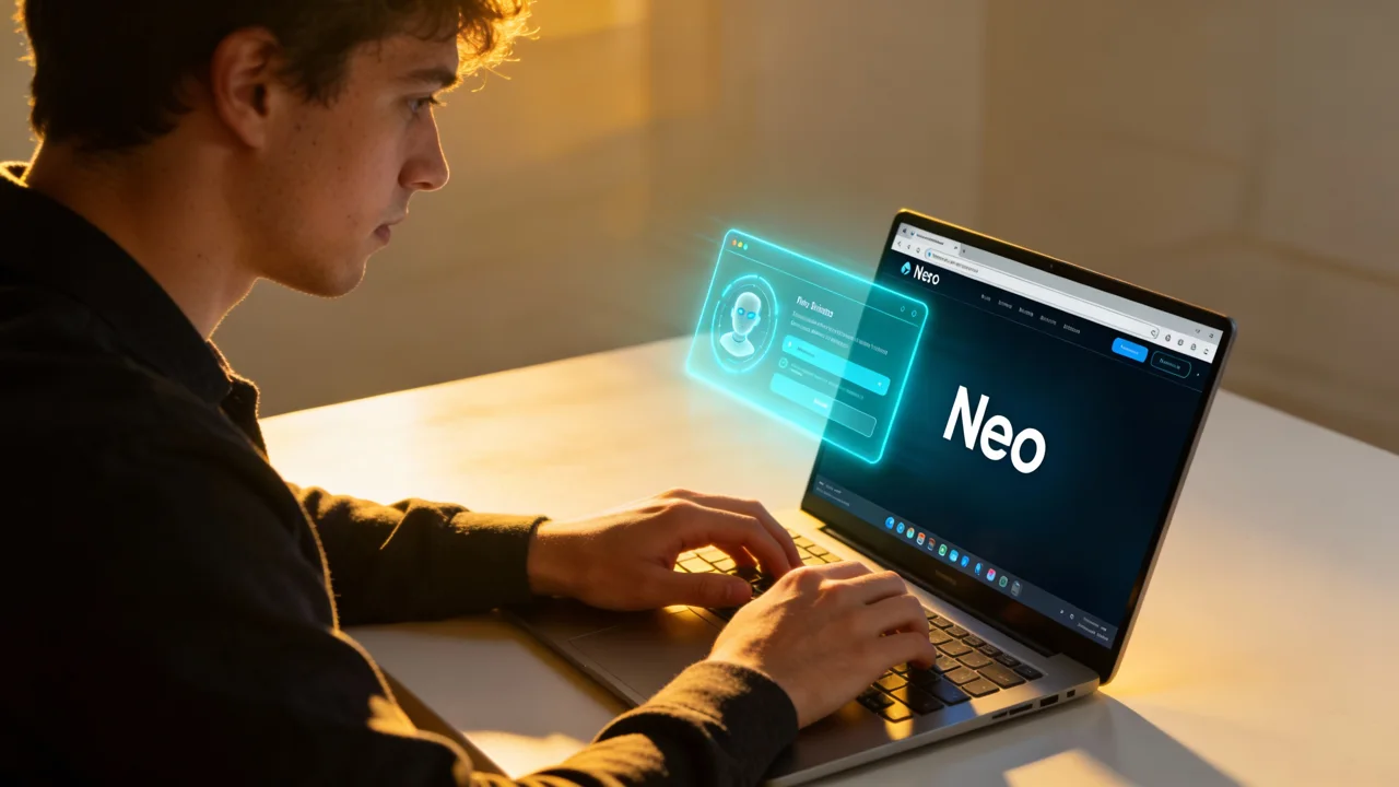 Scene 05 alternate: the laptop card shows a generic Neo wordmark