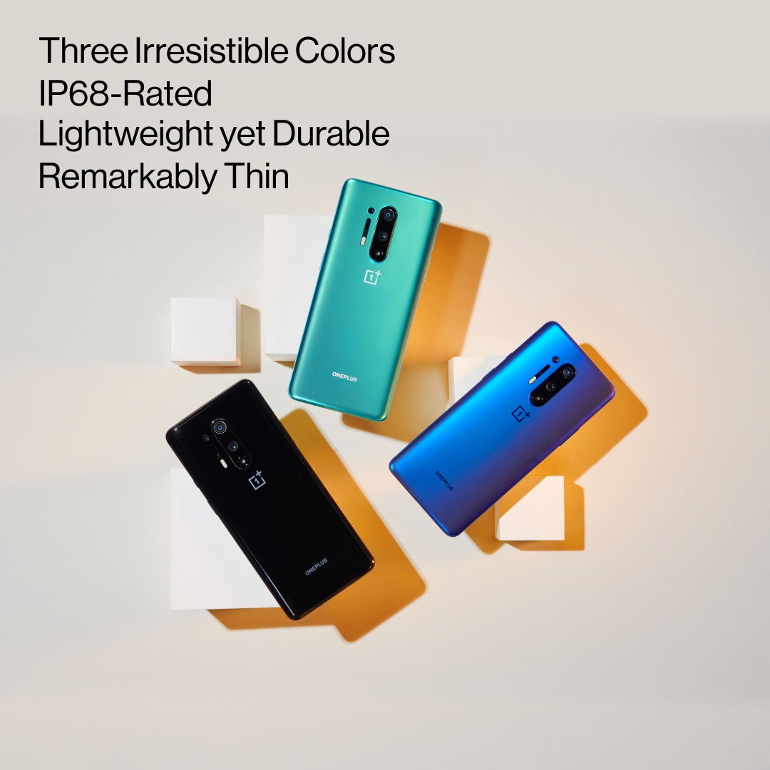 OnePlus 8 KSP card — three colors, IP68-rated, remarkably thin