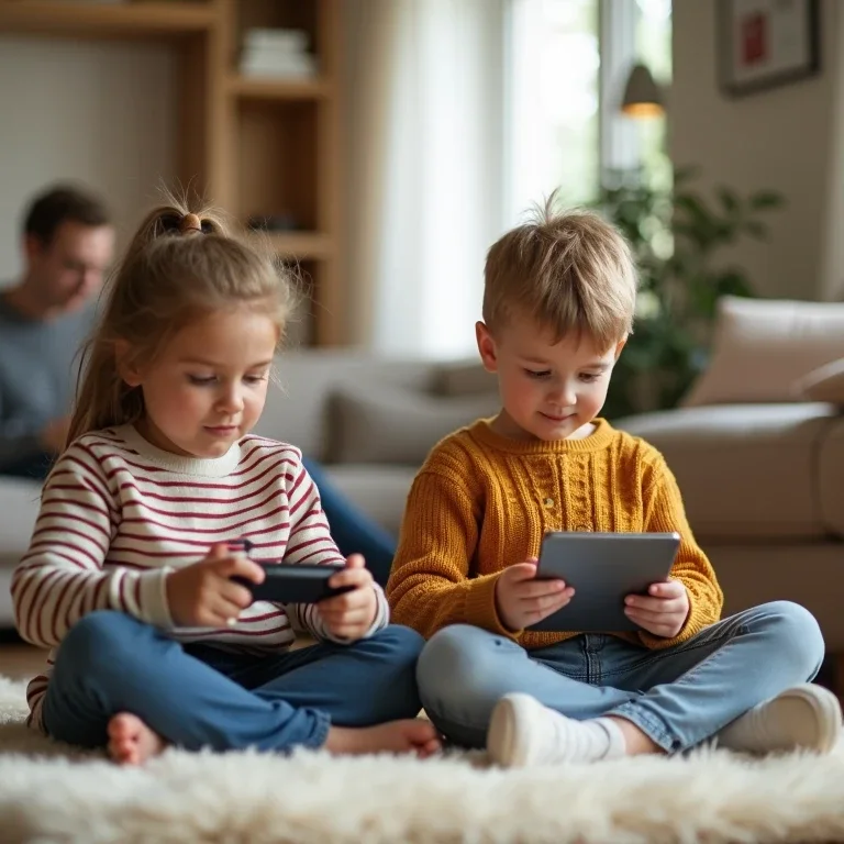 Generated for Norton: two kids on a living-room rug using a phone and a tablet