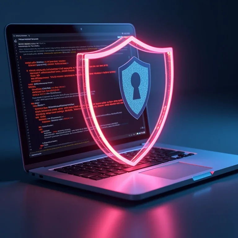 Generated for Norton: a glowing shield with a keyhole rising from a laptop