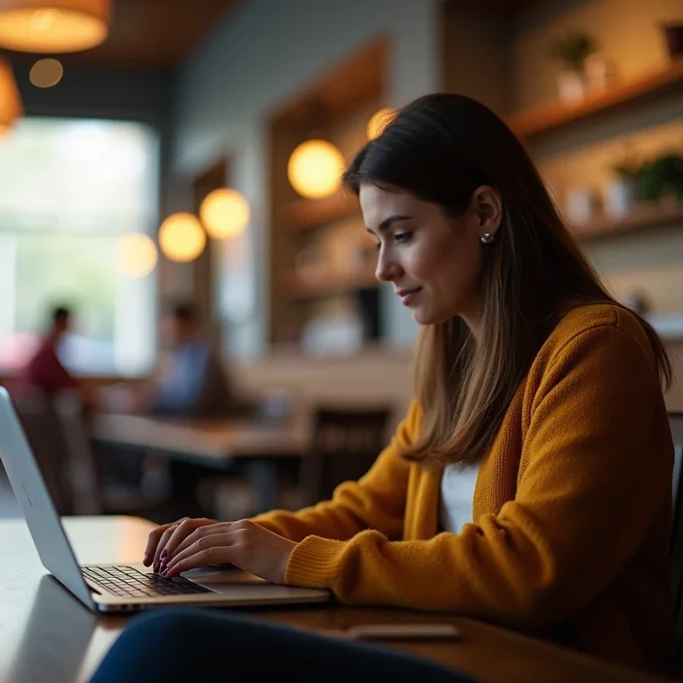 Generated for Norton: a woman in a mustard cardigan working on a laptop in a cafe