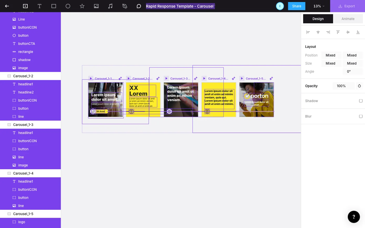 The Rapid Response carousel template open in Jitter, layers named headline1, headline2, buttonICON and image, lorem ipsum in place