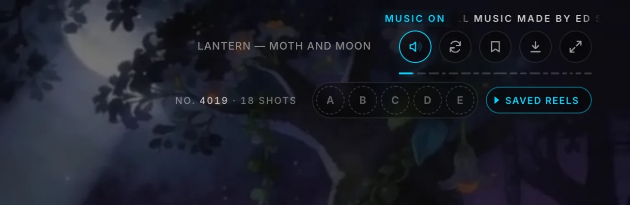 Close-up of the hero controls: shot label, music button with the credit running beside it, new reel, save, download, fullscreen, the timeline, the cut number and the saved-reels slots A to E