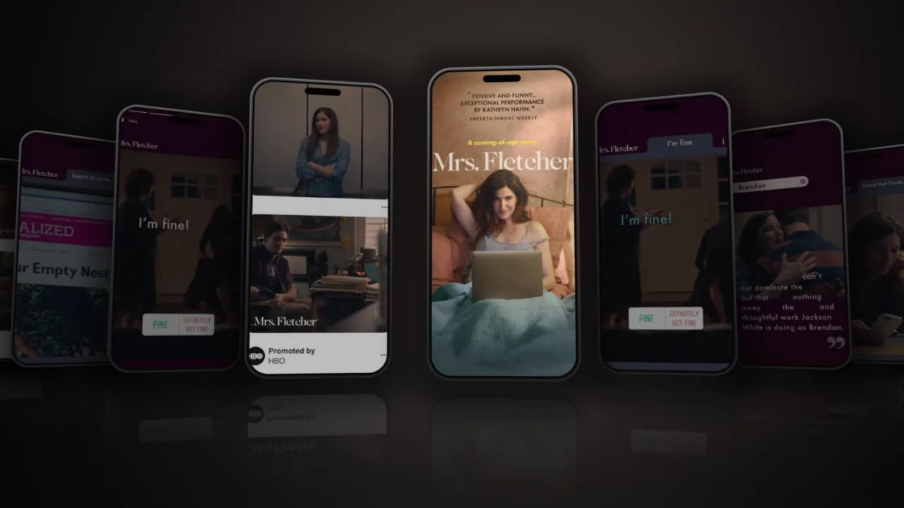 Parade move: a row of phones with Mrs. Fletcher social content swiping through in perspective