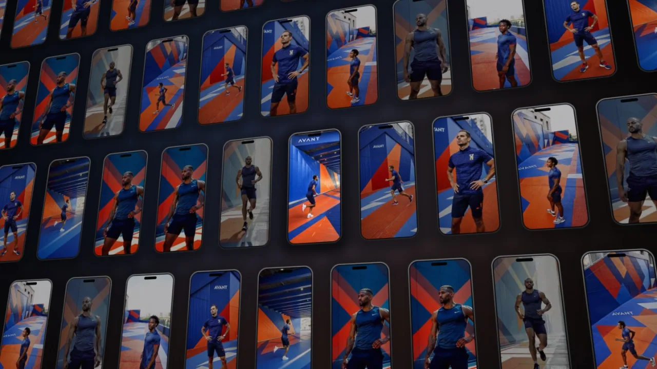 Reveal move: a wall of phones with Avant AI-generated lifestyle content, pulled back from the hero phone
