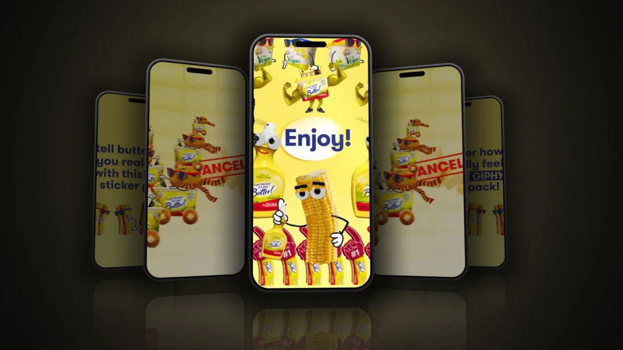 Trio move: the hero phone with two more fanned out behind it, I Can't Believe It's Not Butter