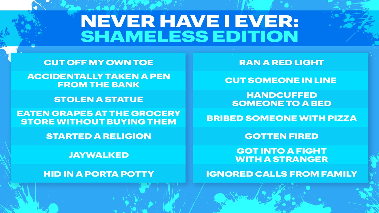 Never Have I Ever: Shameless Edition list graphic