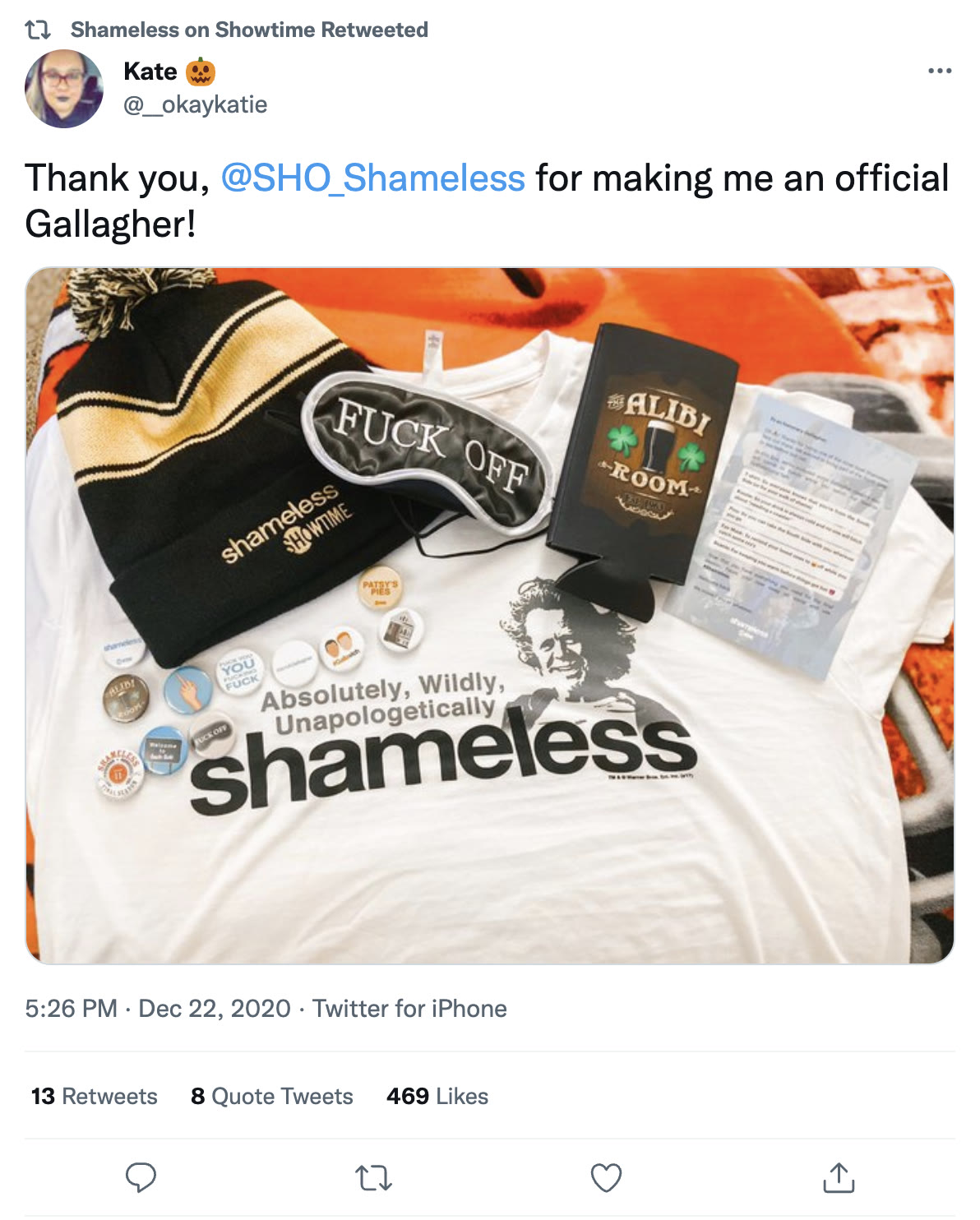 Fan tweet thanking the show for making her an official Gallagher, with the party pack contents