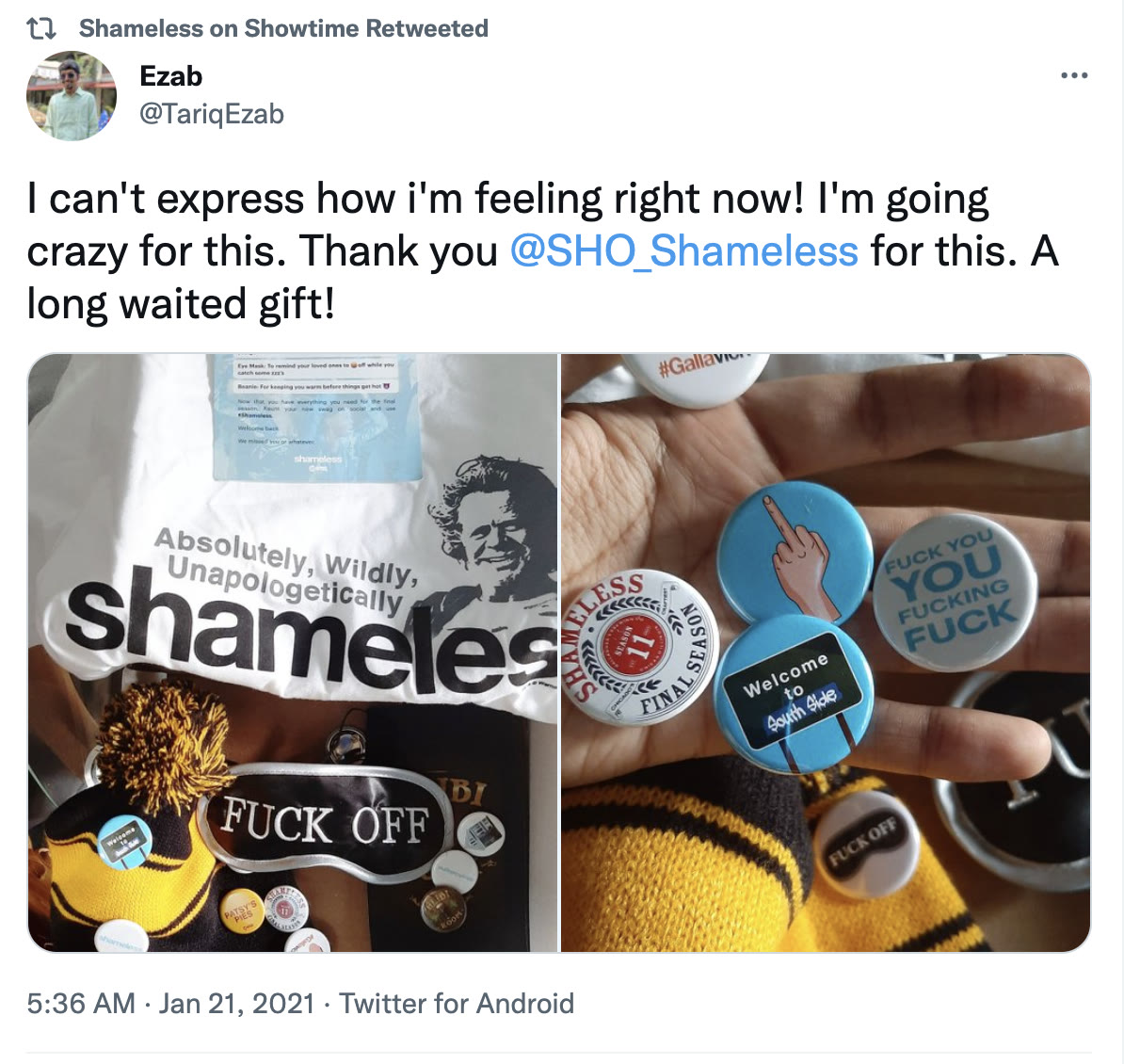 Fan tweet showing party pack pins and eye mask