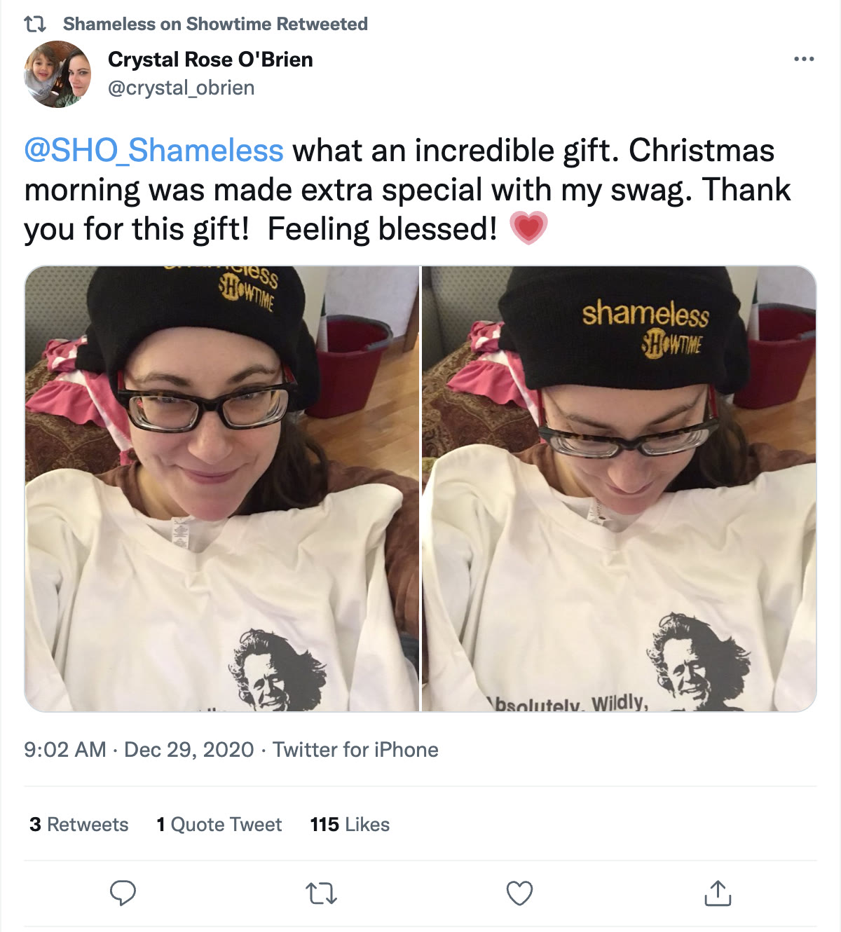 Fan tweet showing a party pack T-shirt and beanie