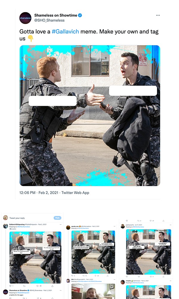 Gallavich meme tweet with fan-made memes in the replies