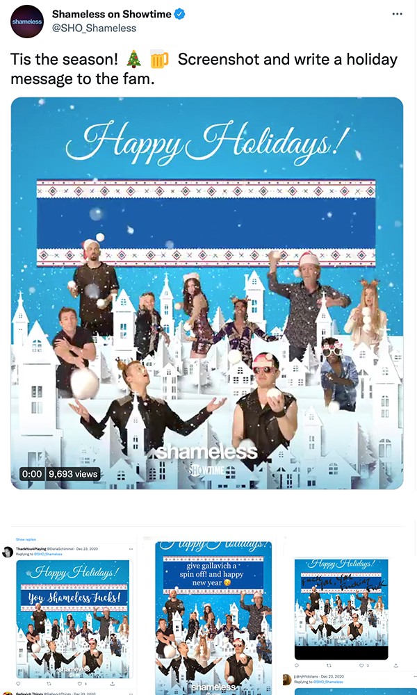 Holiday card tweet with fan holiday messages in the replies