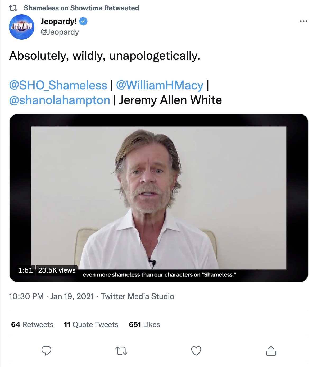 Official Jeopardy account tweet sharing the Shameless Jeopardy video