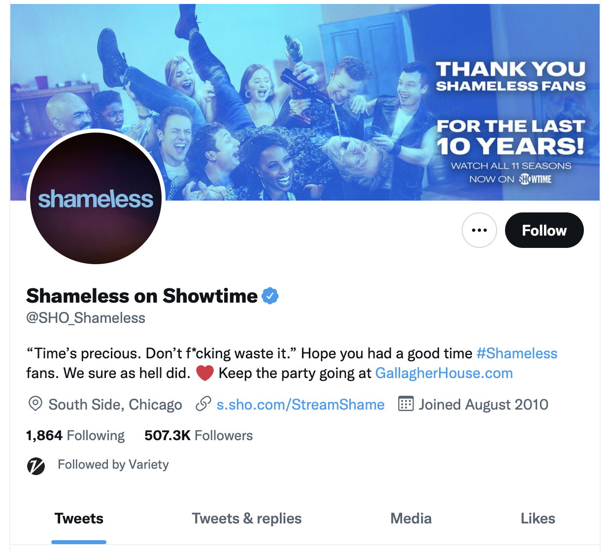 @SHO_Shameless Twitter profile — Thank You Shameless Fans For The Last 10 Years