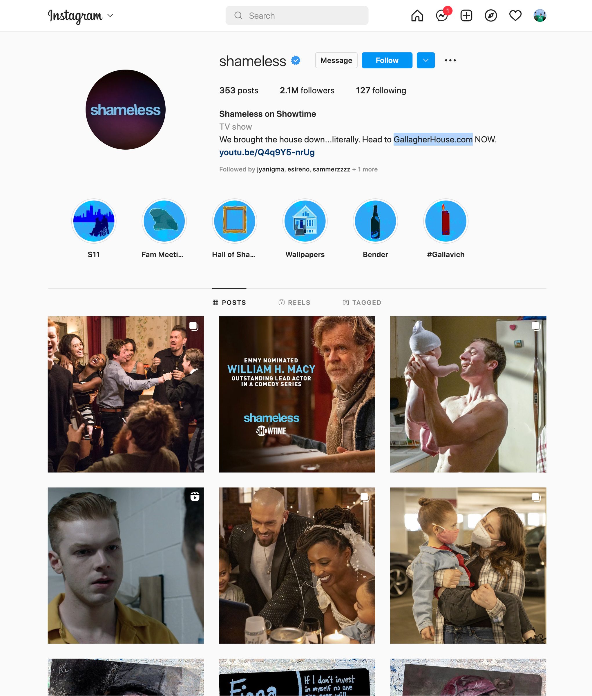 Official Shameless Instagram profile — 2.1M followers, campaign story highlights