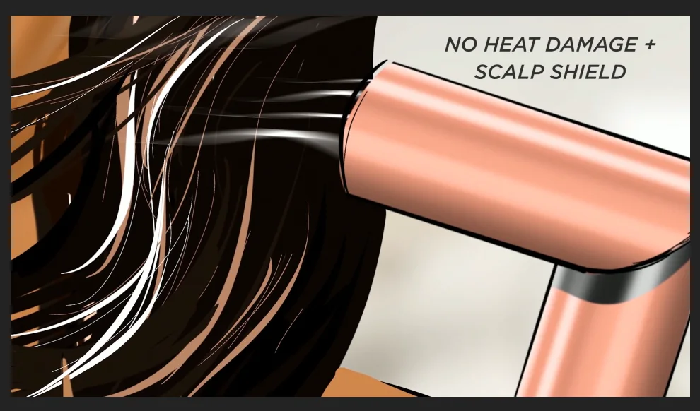 Illustrated hair pass — no heat damage plus scalp shield