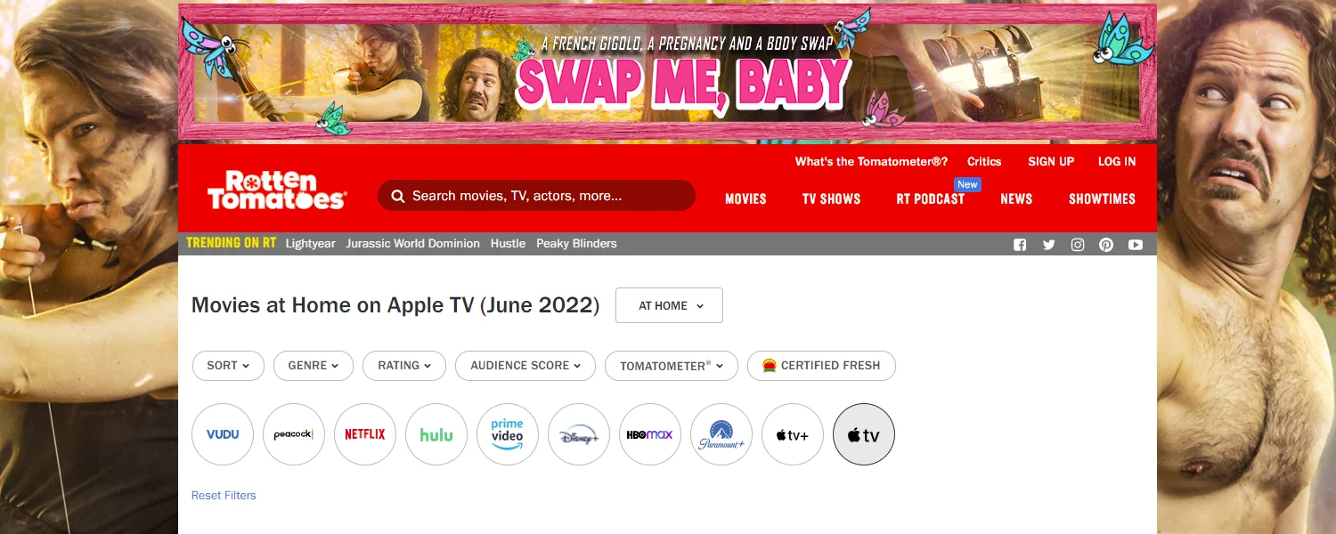 Rotten Tomatoes page with the Swap Me, Baby banner on top and the key art on both sides