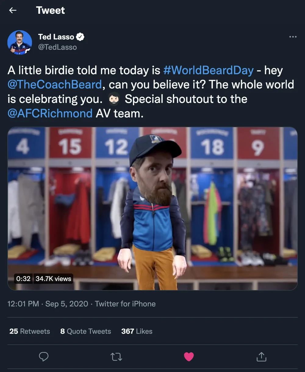 Ted Lasso's World Beard Day tweet tagging Coach Beard and the AFC Richmond AV team
