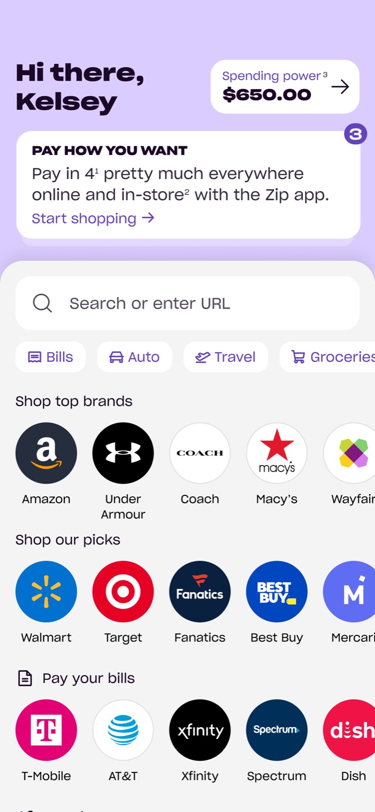 Zip — app homescreen