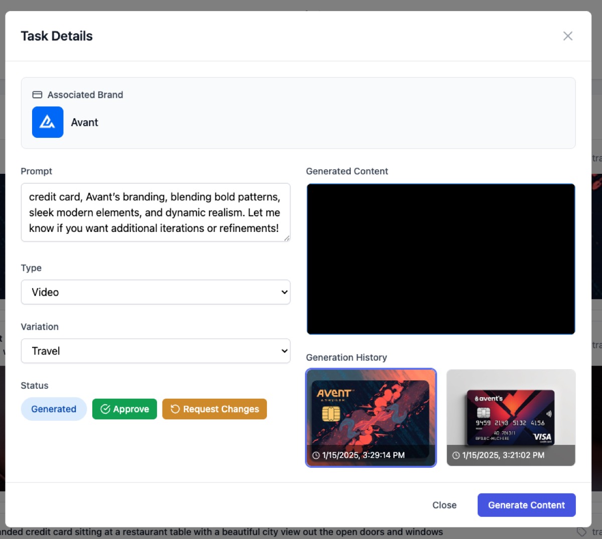 Task detail showing generated content, generation history and approve or request-changes actions