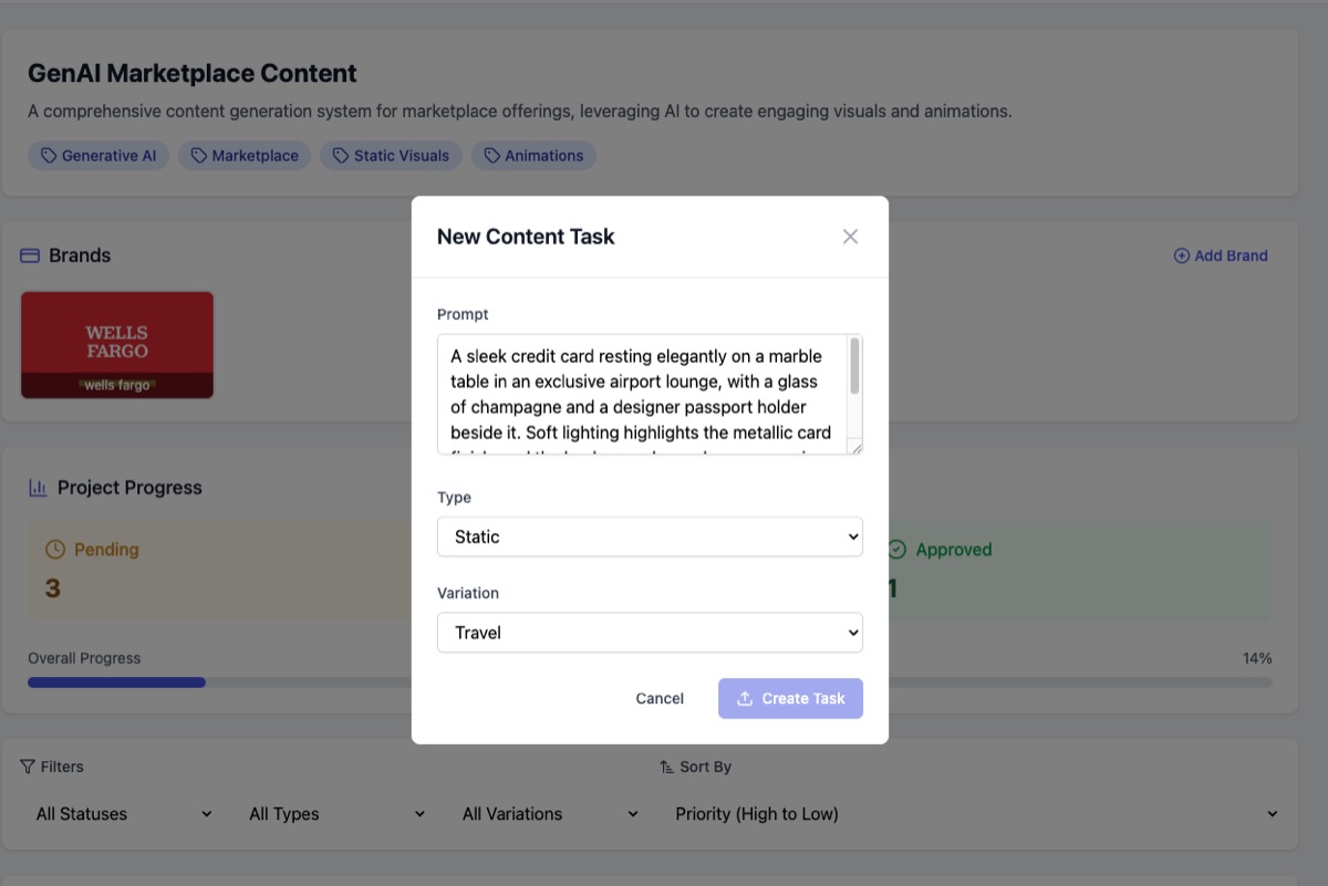 Dashboard with brand list, project progress and a new content task modal
