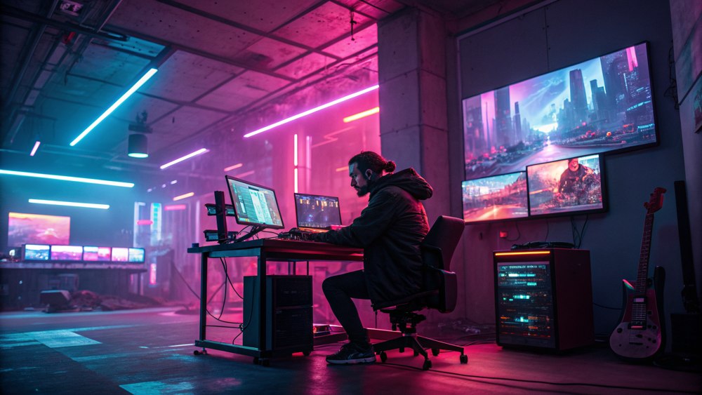A cyberpunk graphic designer in a neon-lit office rendered in Adobe's brand language — the full-compose rung
