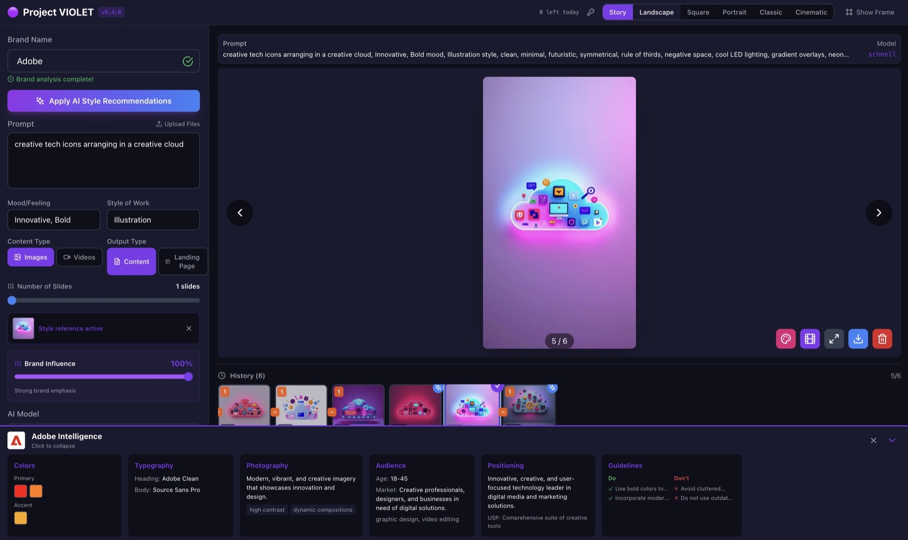 VIOLET v0.4.0 running: the brand Adobe researched into a full profile, an on-brand image generated at 100% brand influence, and the Adobe Intelligence panel