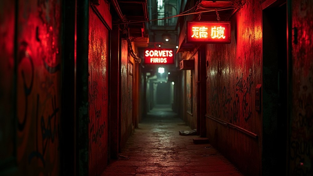 A frame from an adidas session: a neon alley scene regenerated after the brand audit asked for the brand's golden yellow and crimson red in the lighting