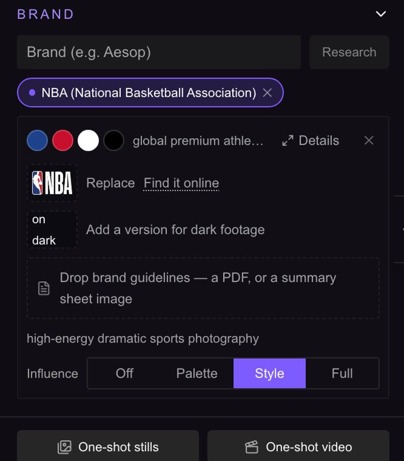 The brand panel with the NBA profile: four palette swatches, the real NBA mark, a line for guidelines, the researched photography style and the influence selector on Style