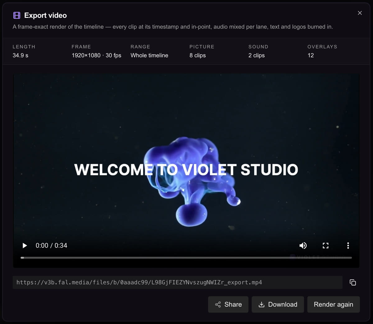 The export dialog after a render: length 34.9 s, frame 1920 by 1080 at 30 fps, whole timeline, 8 picture clips, 2 sound clips, 12 overlays, and the finished Welcome tour video playing inline